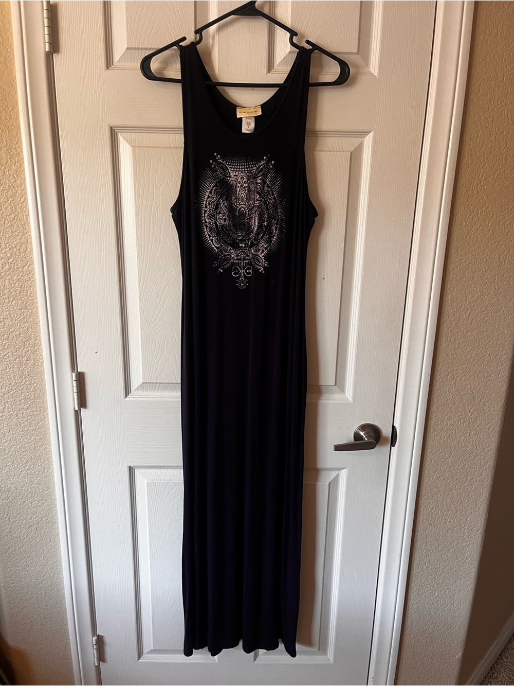 Dark Navy Sleeveless Maxi Dress with Embellished Front -